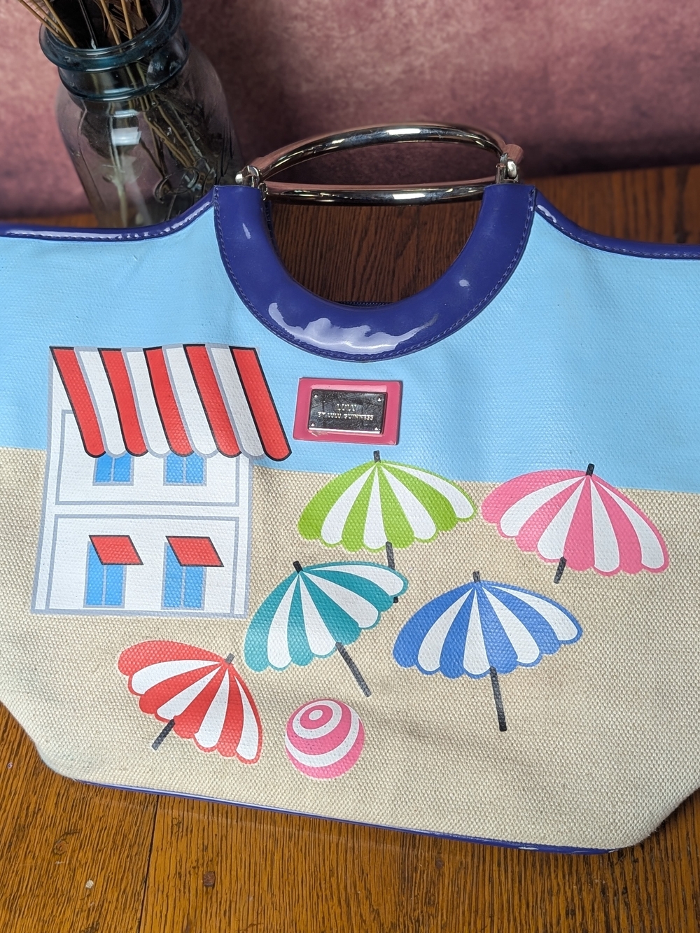 Lulu Guinness Beach Tote Canvas Patent Blue Beach Umbrella Print Handbag